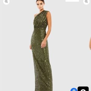 Elegant Olive Green Sequin Ruched One Shoulder Gown
